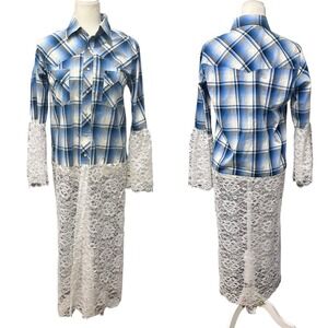 Wrangler Pearl‎ Snap Western Button Up Shirt Dress Womens Size S Plaid Lace Midi
